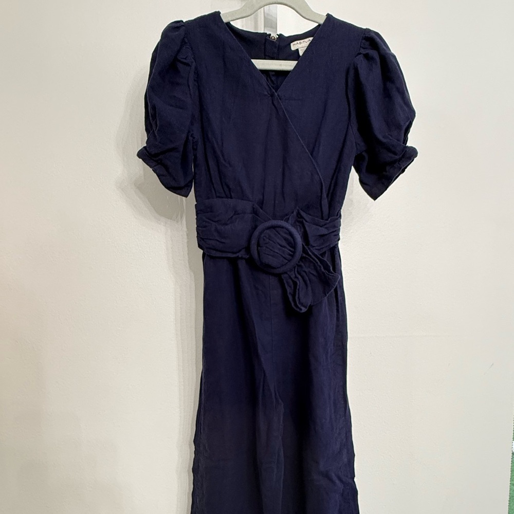 Habitual Dark Blue Ruched Sleeve Romper